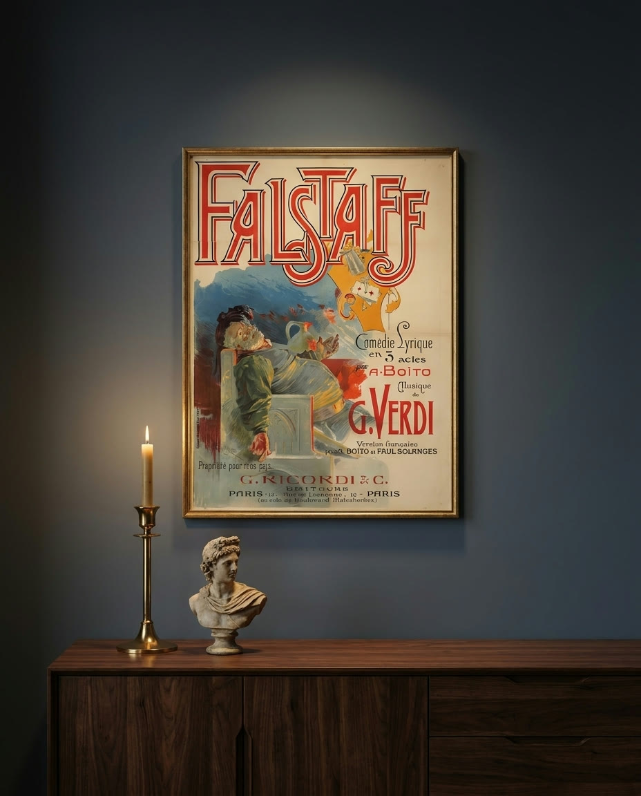 Falstaff. Comédie lyrique en 3 actes par A. Boito, musique de G. Verdi, framed as an archival print on a wall