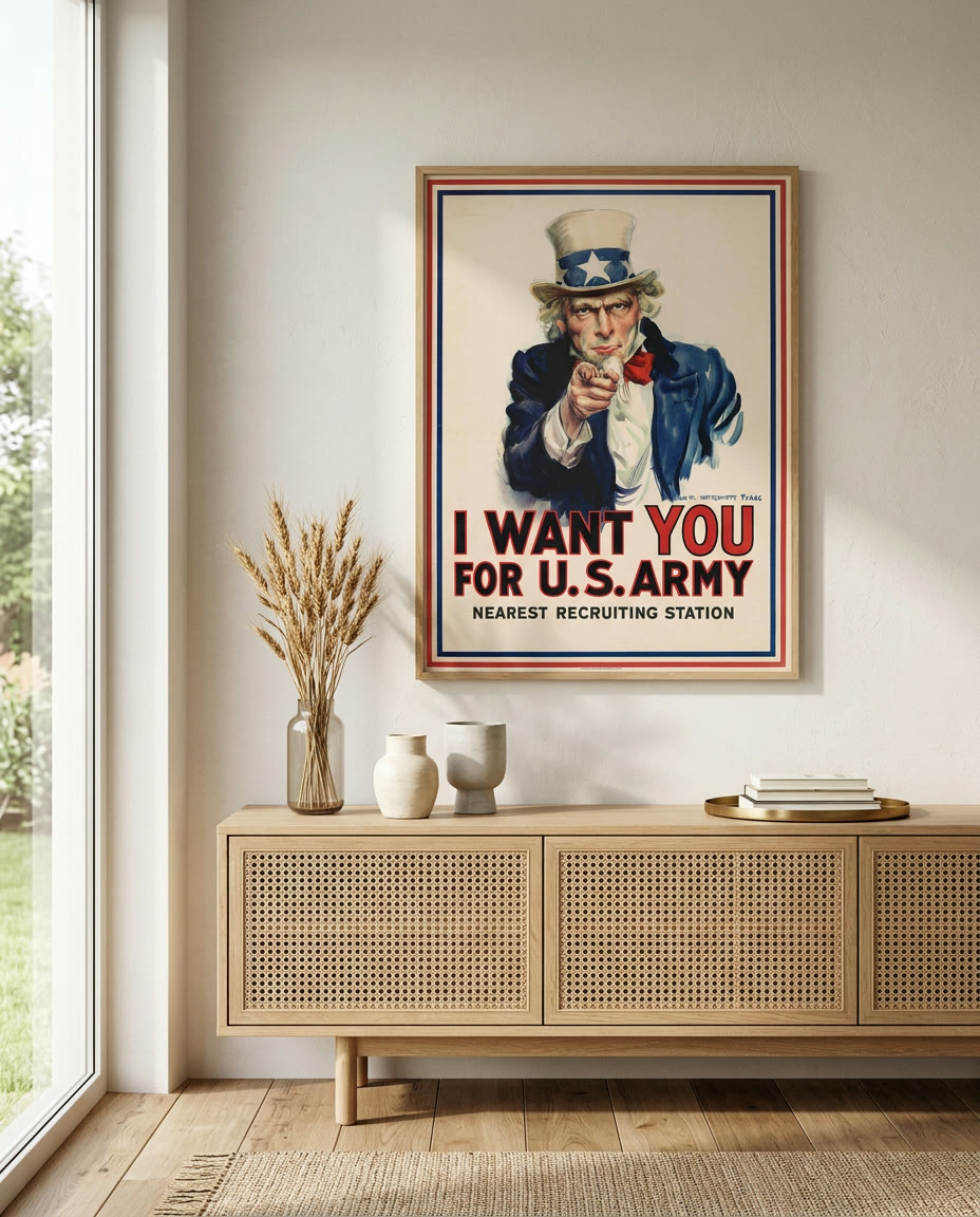 I Want You for U.S. Army - Nearest Recruiting Station, framed as an archival print on a wall