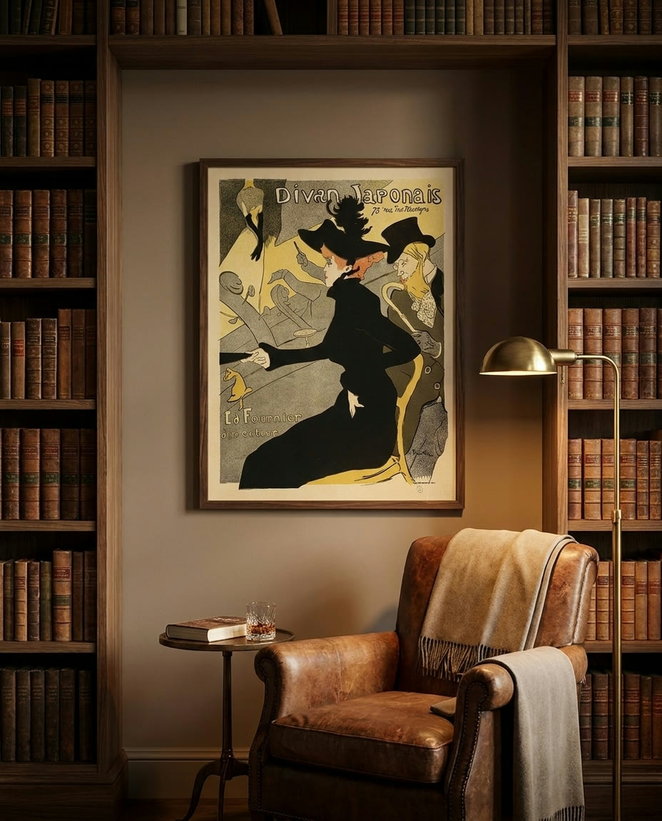 Les Maîtres de l'Affiche, Vol. 1, Plate 2 - Toulouse-Lautrec (Divan Japonais), framed as an archival print on a wall