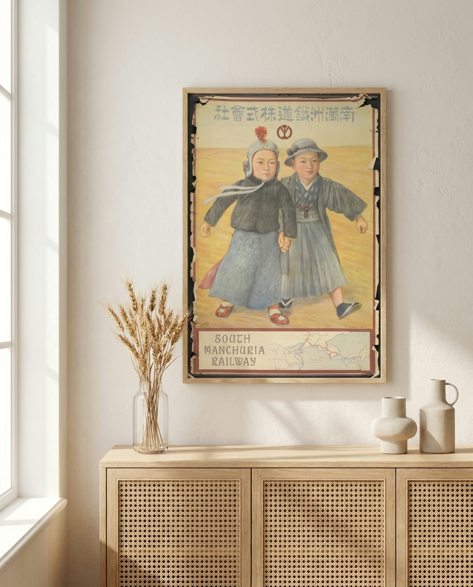Minami Manshū Tetsudō Kabushiki Kaisha - South Manchuria Railway (Two boys), framed as an archival print on a wall