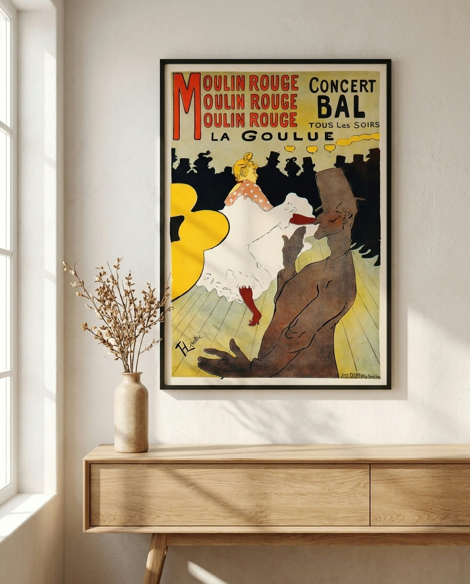 Moulin Rouge — La Goulue, framed as an archival print on a wall