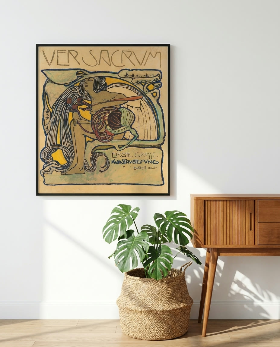 Plakatentwurf für die „Erste grosse Kunstausstellung" der Secession, framed as an archival print on a wall