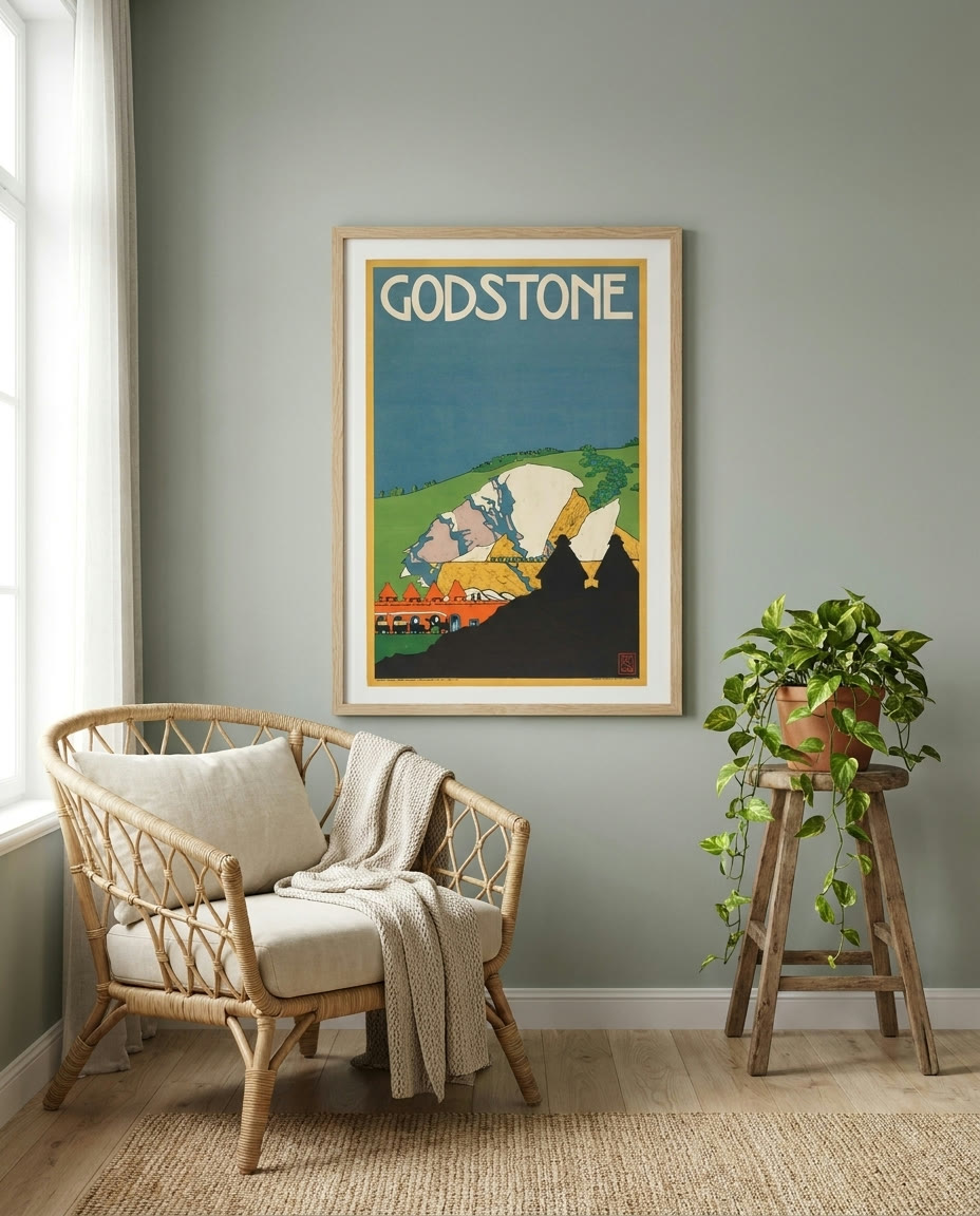 Poster, Godstone, London Underground, framed as an archival print on a wall