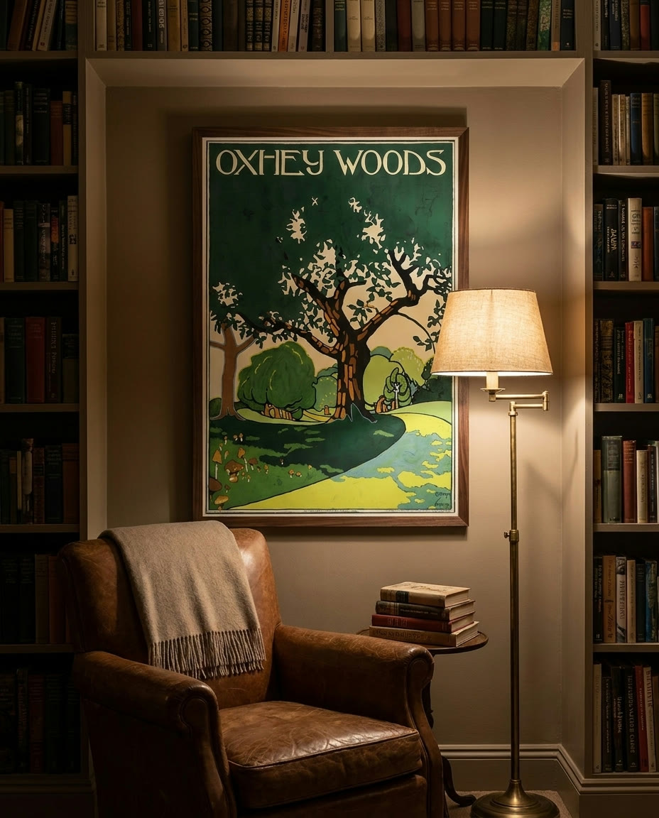 Poster, Oxhey Woods, London Underground, framed as an archival print on a wall