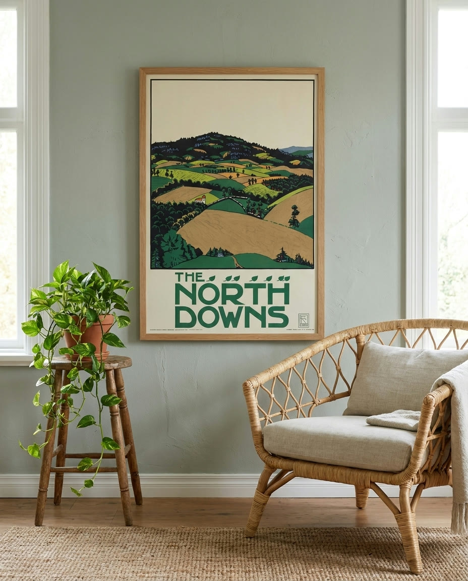 Poster, The North Downs, London Underground, framed as an archival print on a wall