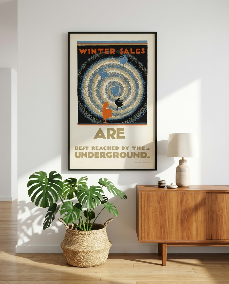 Poster, Winter Sales, for London Underground, framed as an archival print on a wall