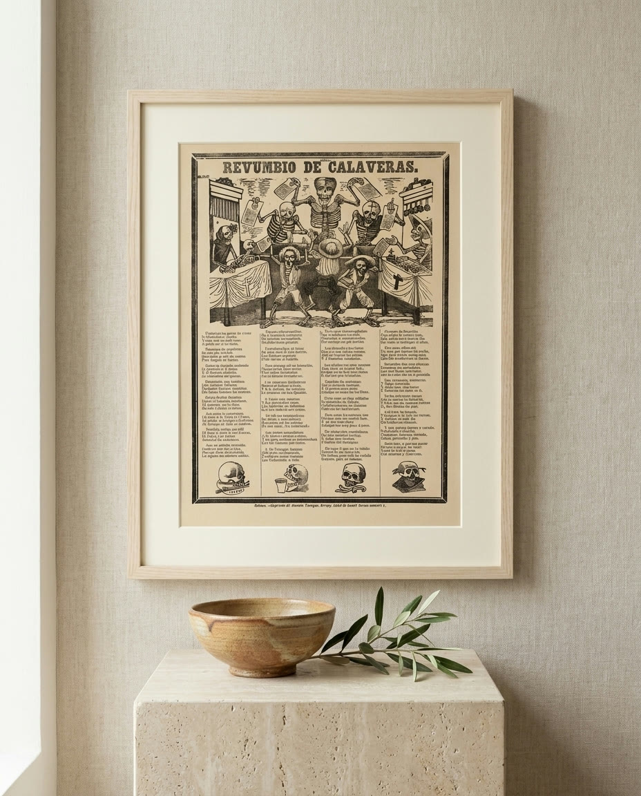 Skeletons hawking their wares and shouting about teetotalers, drunkards, old men and kids, tomcats and working girls, framed as an archival print on a wall