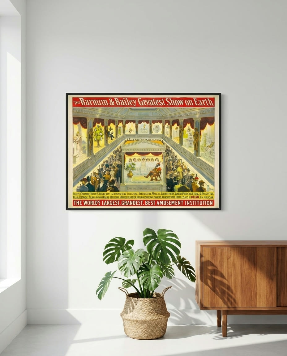 The Barnum & Bailey Greatest Show on Earth - Chaste, Charming, Weird & Wonderful Supernatural Illusions Created by Roltair, the Magician, framed as an archival print on a wall