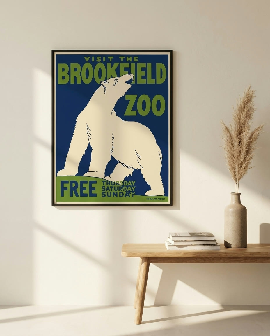 Visit the Brookfield Zoo free Thursday, Saturday, Sunday, framed as an archival print on a wall
