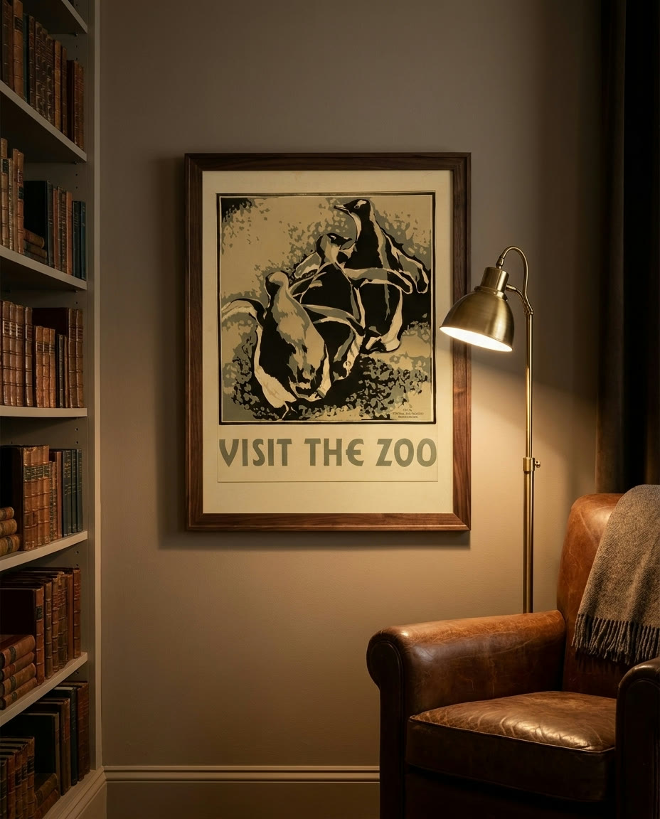 Visit the zoo (three penguins), framed as an archival print on a wall