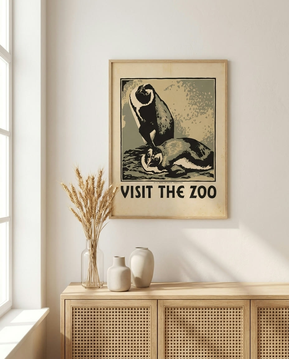 Visit the Zoo (Two Penguins), framed as an archival print on a wall